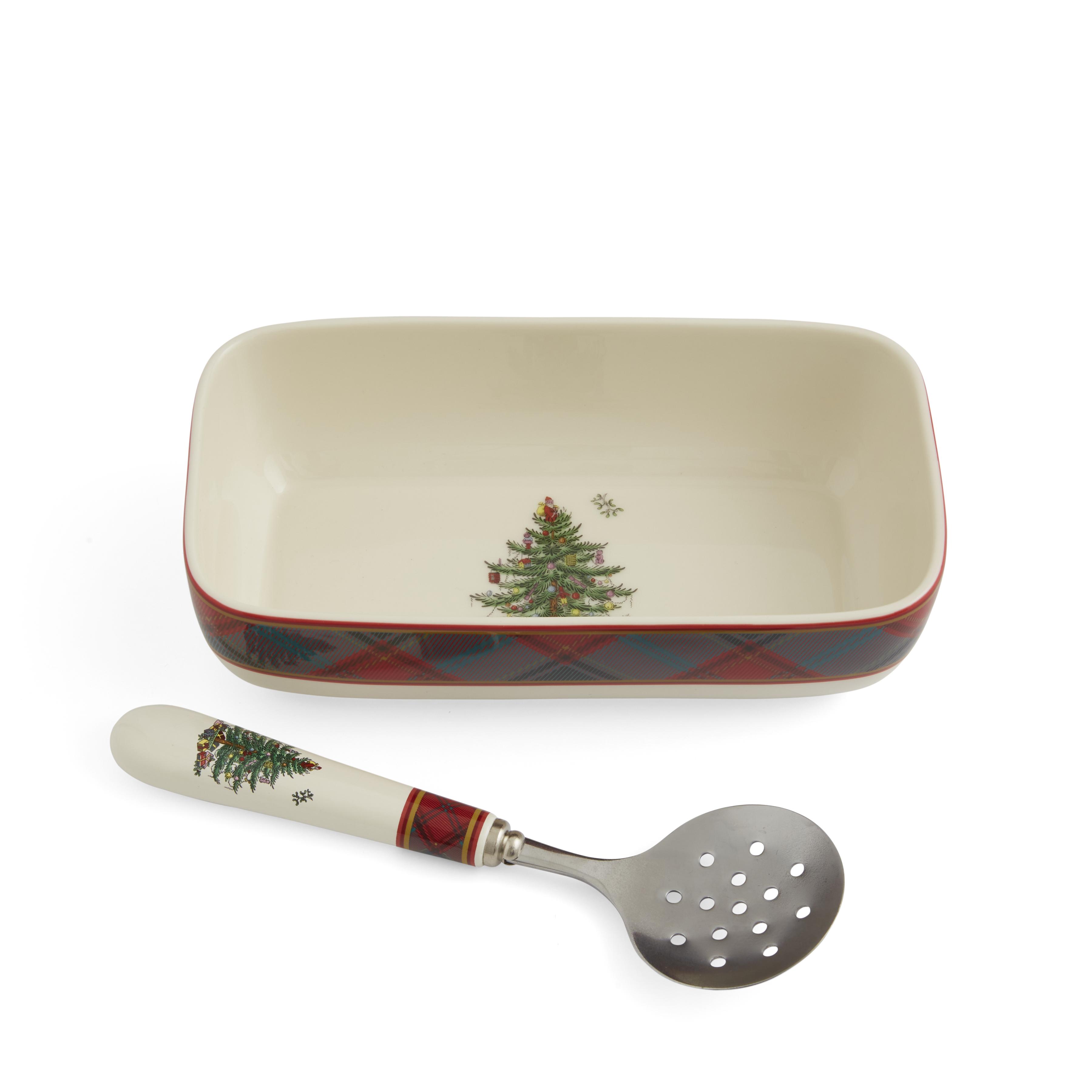 Christmas Tree Tartan Rectangle Server with Slotted Spoon image number null